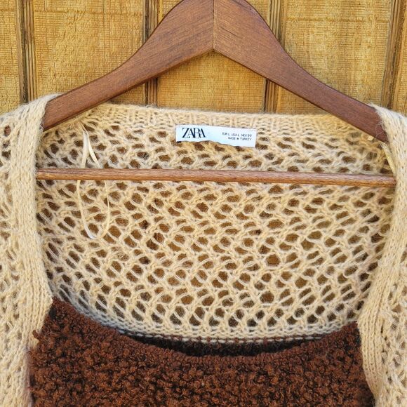 Zara Crotched Knit Fuzzy Crop Top Tan & Brown Womens Size L - Picture 3 of 10